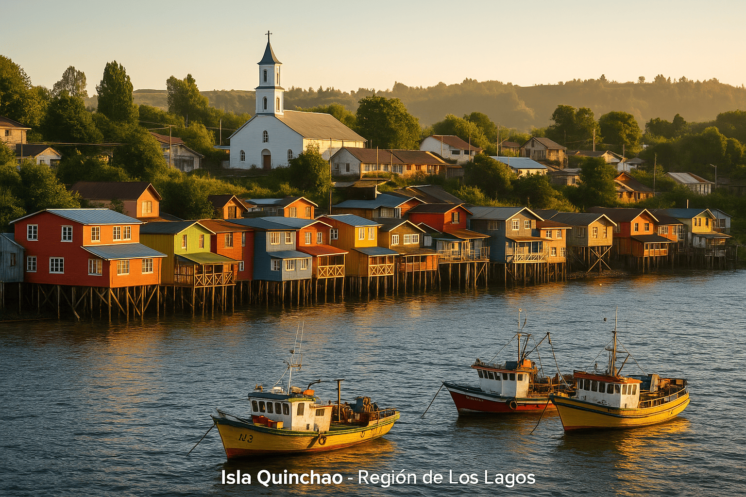 Vista panorámica de Isla Quinchao en la Región de Los Lagos, Chile, con casas coloridas junto al mar, naturaleza exuberante y cielo despejado – ideal para turismo rural y cultural en el sur de Chile.